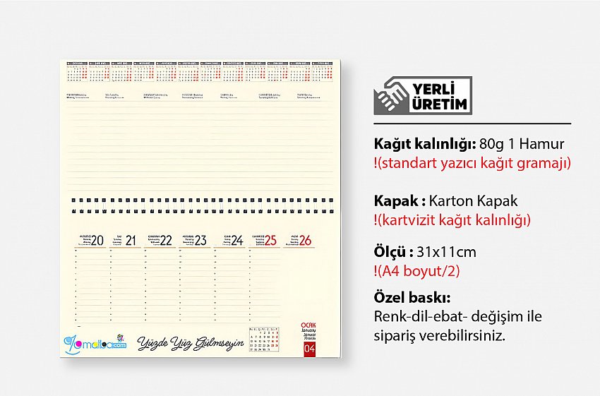 Kod 73 Masa Takvimi Haftalık (Büyük Boy 33x16 Cm